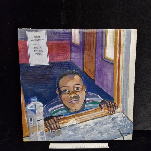 91 - An original acrylic on box canvas painting featuring a young boy gazing up towards the viewer. Rende... 