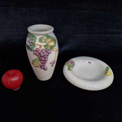 99 - Two vintage ceramic pieces including a vase and dish. Both pieces hold beautiful high relief fruit a... 