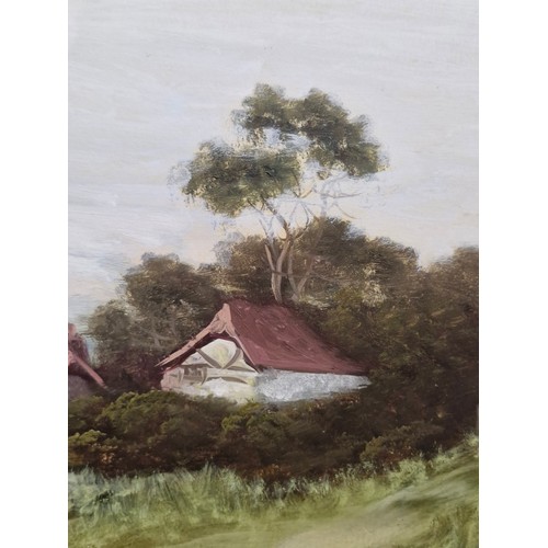 65 - Star Lot: A charming early 20th century gouache on board painting featuring a landscape scene with r... 