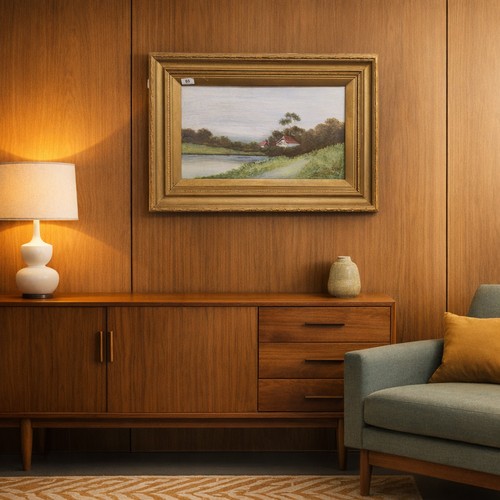 65 - Star Lot: A charming early 20th century gouache on board painting featuring a landscape scene with r... 