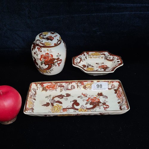 98 - Three Mason's Ironstone porcelain table ware pieces including two dishes and a lidded jar. All piece... 