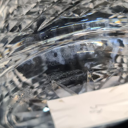 114 - A Waterford Crystal decanter with diamond cut pattern alongside three pretty wine glasses with etche... 