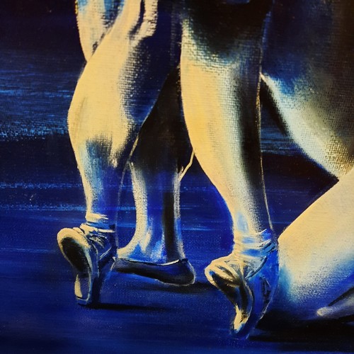 125 - An original figurative acrylic painting on canvas depicting two ballet dancers in a dramatic partner... 