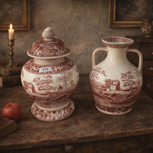 113 - Two large Red & White Spode England glazed ceramic pieces including a double handled vase and a larg... 