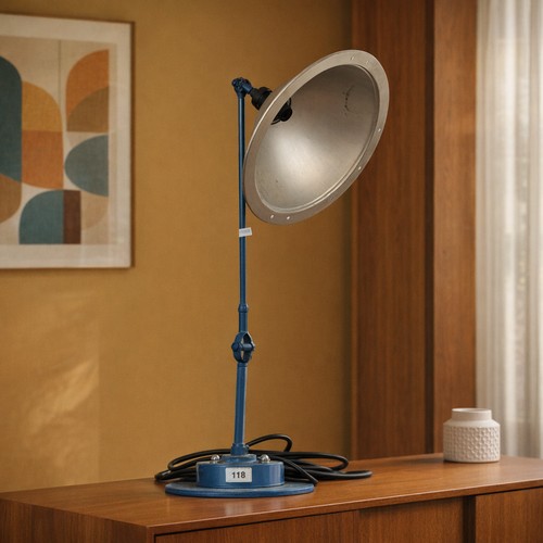 118 - An industrial style lamp with a blue base and a wide parabolic shade. Please note, the image of the ... 