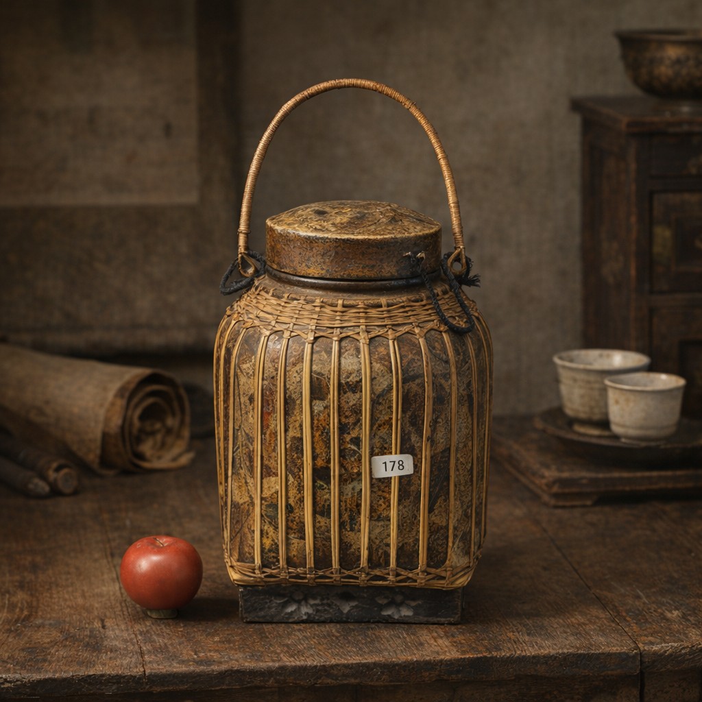 A wonderful antique Asian woven bamboo lidded rice basket. The basket ...