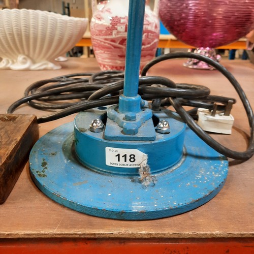 118 - An industrial style lamp with a blue base and a wide parabolic shade. Please note, the image of the ... 