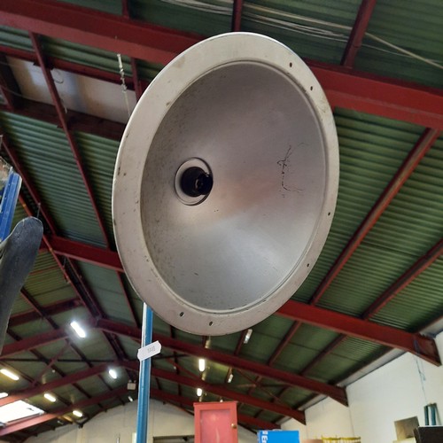 118 - An industrial style lamp with a blue base and a wide parabolic shade. Please note, the image of the ... 