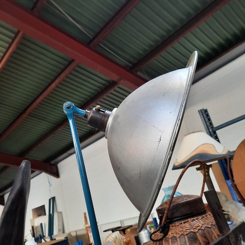 118 - An industrial style lamp with a blue base and a wide parabolic shade. Please note, the image of the ... 