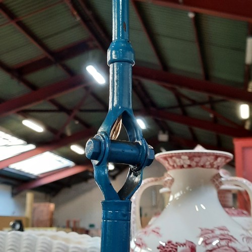 118 - An industrial style lamp with a blue base and a wide parabolic shade. Please note, the image of the ... 