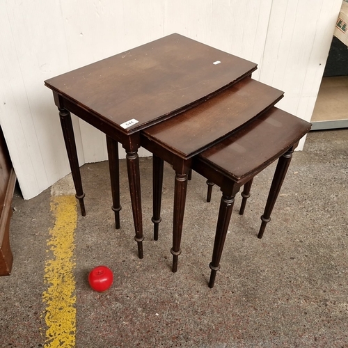 644 - Set of three mahogany finish nesting tables, each with rectangular top above a plain frieze and turn... 