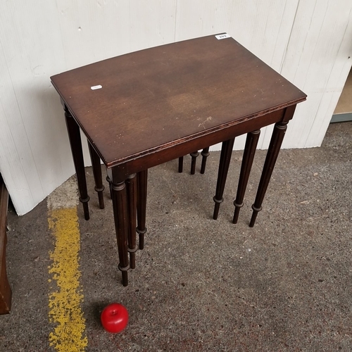 644 - Set of three mahogany finish nesting tables, each with rectangular top above a plain frieze and turn... 