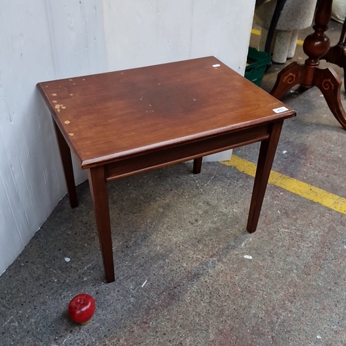 A rectangular walnut-finish side table, the plain top above a single frieze drawer, raised on square tapering legs.

Previous in auction on T080126  - 11/01/2026 with Lot no.411