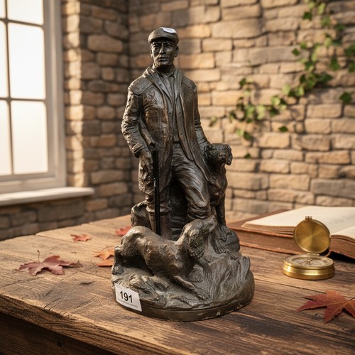 191 - A Genesis Fine Arts Ireland Game Keeper with dogs sculpture. Cold cast resin with bronze finish. Lov... 