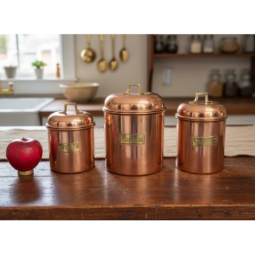 216 - A set of three graduated brass and copper lidded canisters for tea, sugar and coffee. Please note, t... 