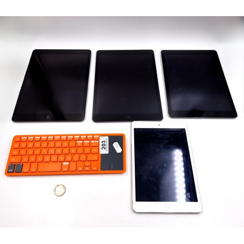 203 - Star lot: A collection of four Apple ipads including an ipad mini 2, an ipad Air first generation, a... 