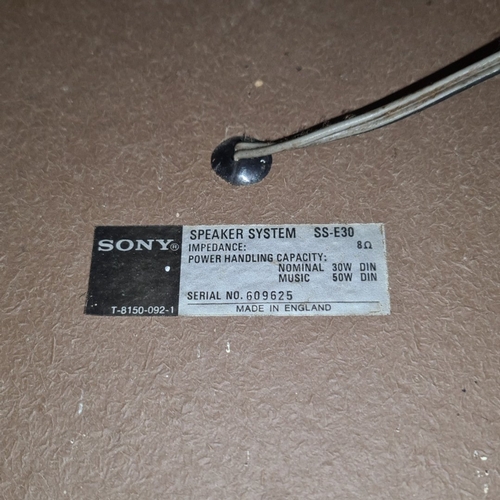 1008 - Pair of vintage Sony SS-E30 loudspeakers, made in England, with black cloth grilles and rectangular ... 