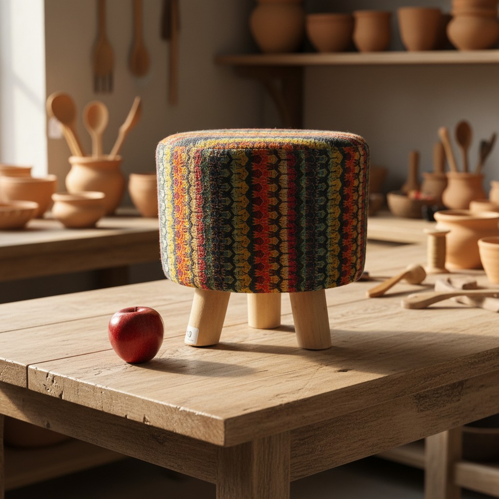 A highly vibrant foot stool with a geometric stripe pattern. Please ...