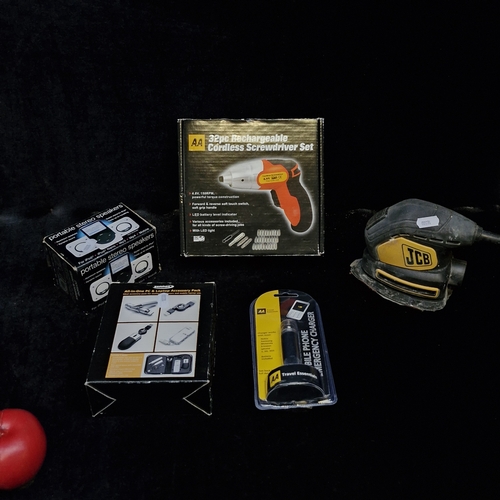 A mixed lot including a JCB 170w detail sander, a 32 piece rechargable cordless screwdriver set, A Xenox all in one Pc and laptop accesory pack and a portable sterio speaker for iPod, ipod nano, Mp3 and Mp4.