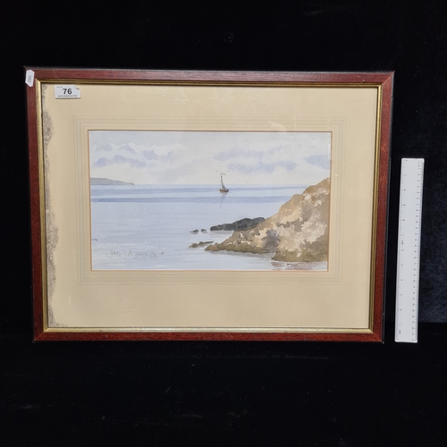 76 - A 1994 watercolour on paper painting. Features a calm coastal landscape. Rendered in soft blues, gre... 