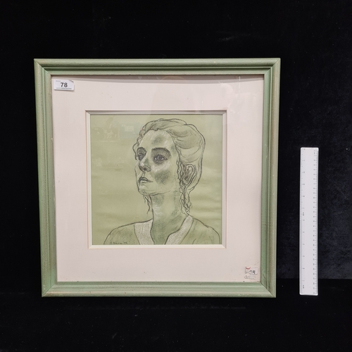 78 - A 1992 charcoal and coloured pencil on paper drawing. Features a side portrait of a woman. Rendered ... 