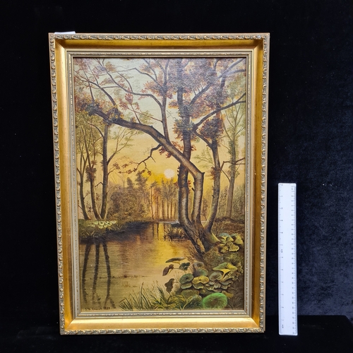 80 - A captivating oil on board painting. Features a lakeside landscape with a soft afternoon glow and a ... 