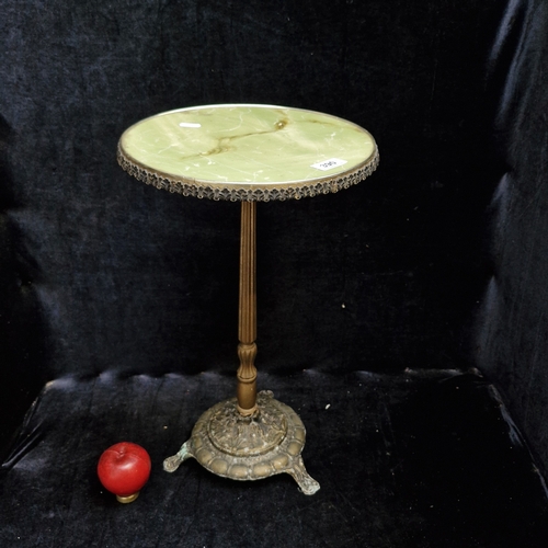390 - An antique style round occasional pedestal table with faux marble top and gilt reeded column. Please... 