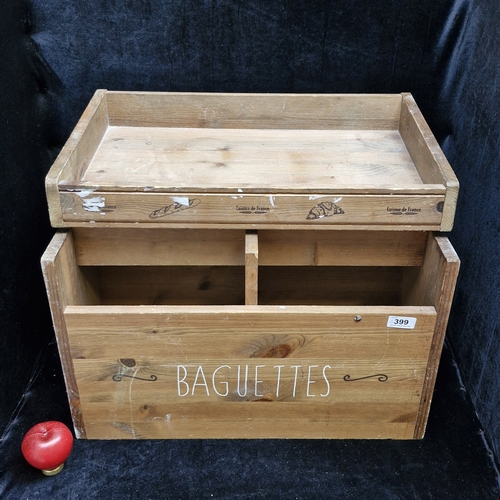 399 - A vintage wooden bread / baguette box along with a wooden pastry display tray.