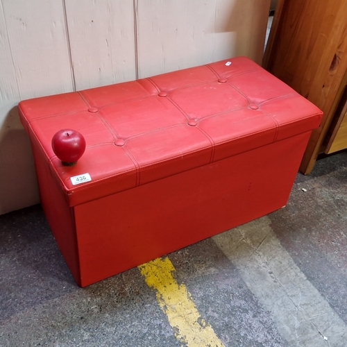 436 - A red button-tufted faux-leather storage ottoman/blanket box, rectangular form with lift-off lid, co... 