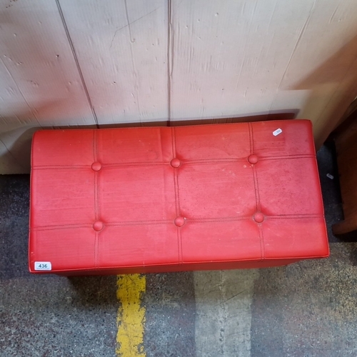 436 - A red button-tufted faux-leather storage ottoman/blanket box, rectangular form with lift-off lid, co... 