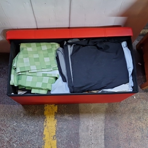 436 - A red button-tufted faux-leather storage ottoman/blanket box, rectangular form with lift-off lid, co... 