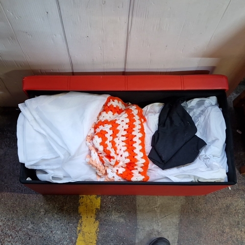 436 - A red button-tufted faux-leather storage ottoman/blanket box, rectangular form with lift-off lid, co... 