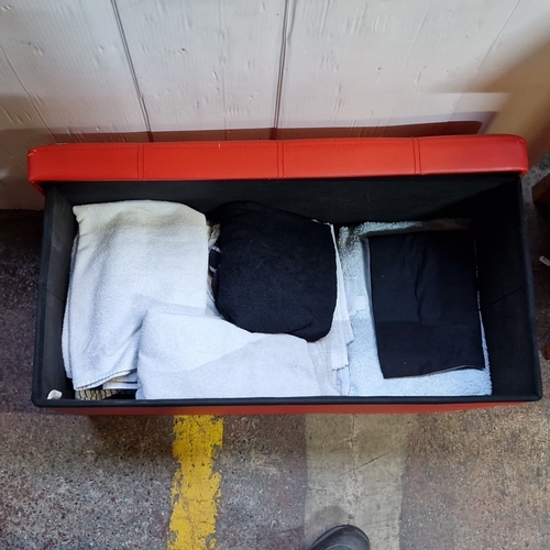 436 - A red button-tufted faux-leather storage ottoman/blanket box, rectangular form with lift-off lid, co... 