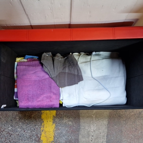 436 - A red button-tufted faux-leather storage ottoman/blanket box, rectangular form with lift-off lid, co... 