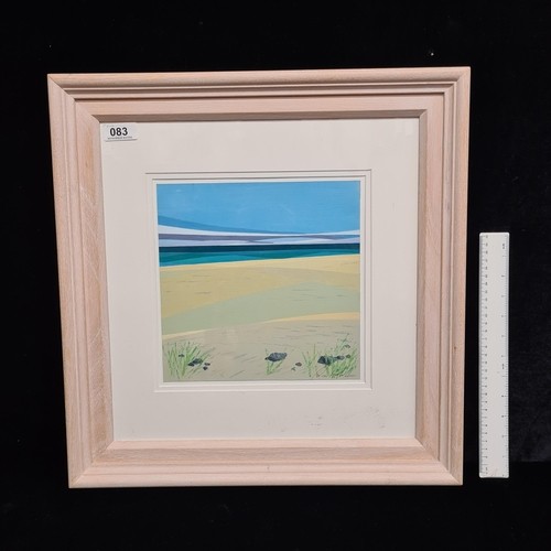 85 - Star Lot: A minimalist acrylic on card painting. Features a coastal landscape. In shades of blues, l... 