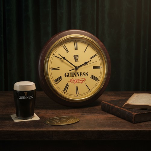 111 - A 'Guinness' branded Petersen clock with wooden back. Not glazed. Please note, the image of the mode... 