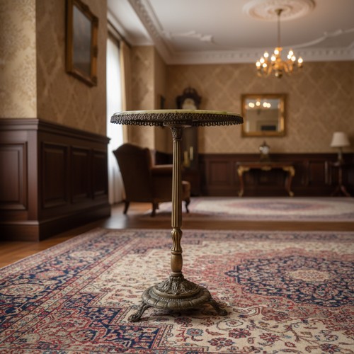 390 - An antique style round occasional pedestal table with faux marble top and gilt reeded column. Please... 