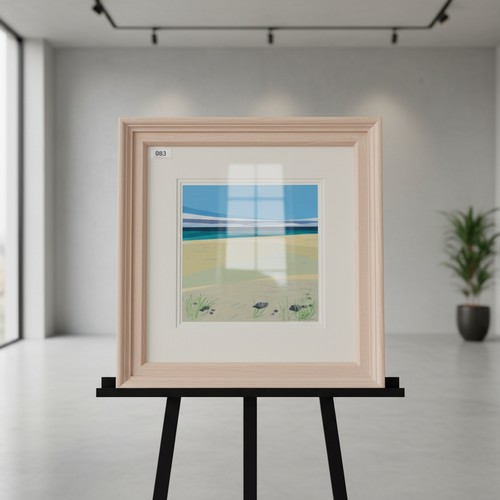 85 - Star Lot: A minimalist acrylic on card painting. Features a coastal landscape. In shades of blues, l... 