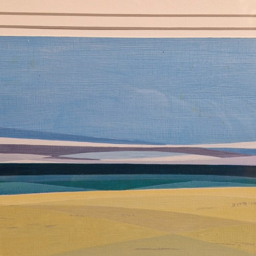 85 - Star Lot: A minimalist acrylic on card painting. Features a coastal landscape. In shades of blues, l... 