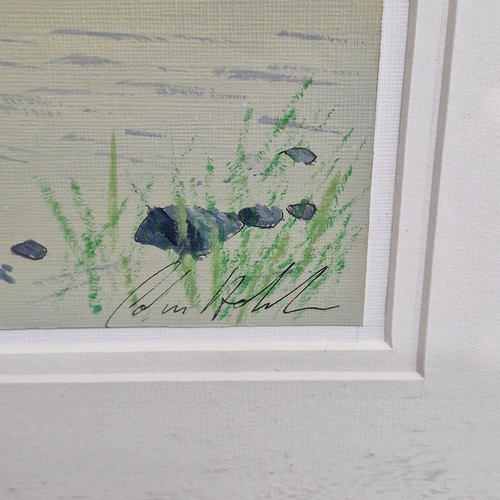 85 - Star Lot: A minimalist acrylic on card painting. Features a coastal landscape. In shades of blues, l... 