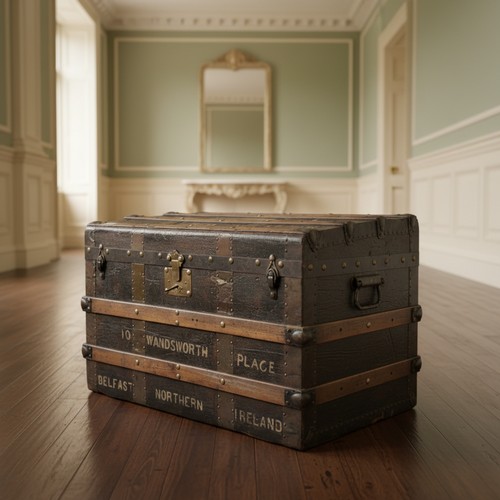 434 - Star Lot : An antique canvas-covered  travelling trunk with timber battens and brass studding, iron ... 