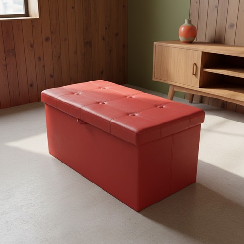 436 - A red button-tufted faux-leather storage ottoman/blanket box, rectangular form with lift-off lid, co... 