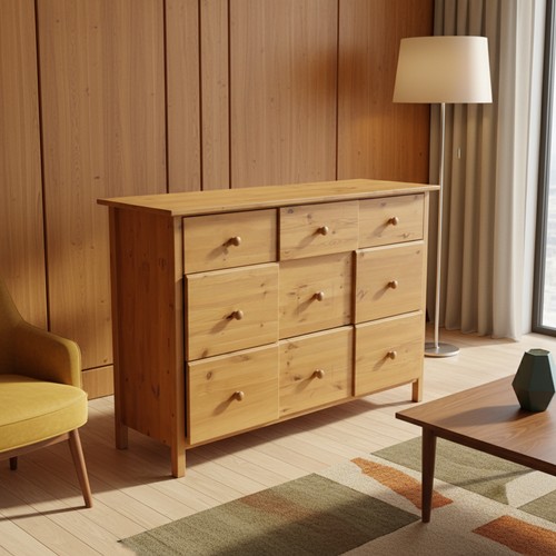 437 - A pine chest of nine drawers, the facade arranged with graduated drawers fitted with turned wooden k... 