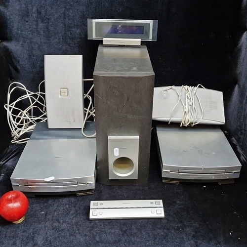 401 - A good surround sound Pioneer silver-finished system, comprising a subwoofer, separate media players... 