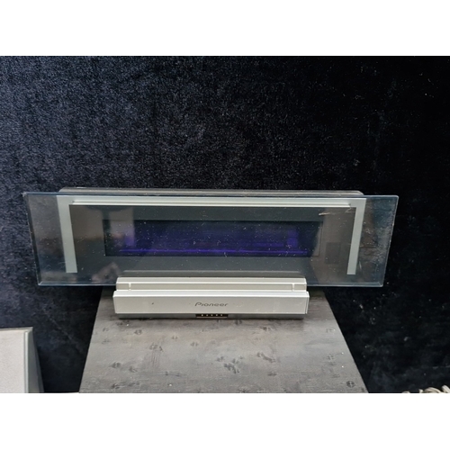 401 - A good surround sound Pioneer silver-finished system, comprising a subwoofer, separate media players... 