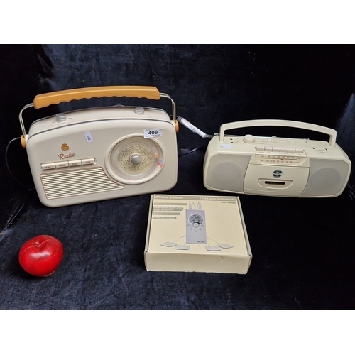 408 - A group of domestic electronics, comprising a GPO Radio portable multi-band set with carry handle, a... 