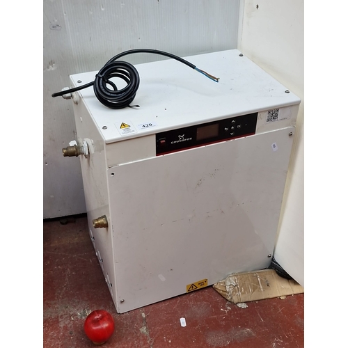 420 - A Grundfos floor-standing pump control unit or pressurisation module, in a white metal housing with ... 