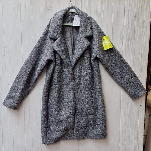 431 - A brand new Next grey bouclé overcoat, tailored with wide notched lapels and long sleeves, labelled ... 