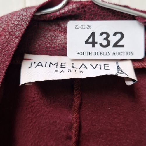 432 - A J'Aime La Vie Paris burgundy leather jacket, cut with a waterfall open front, long sleeves, and zi... 