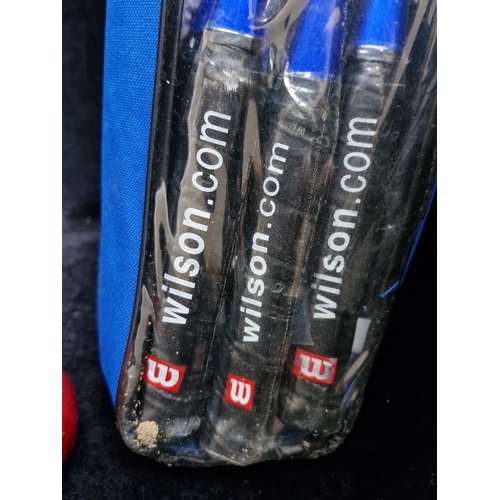 439 - Wilson Badmington equipment comprising 3 Wilson rackets and a blue Wilson zip carry case, with 2 Wil... 